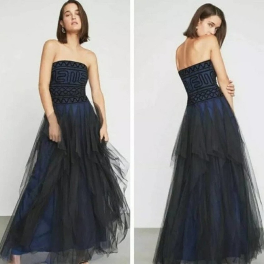 NWT BCBG MaxAzria Embroidered Tulle Black Navy Gown